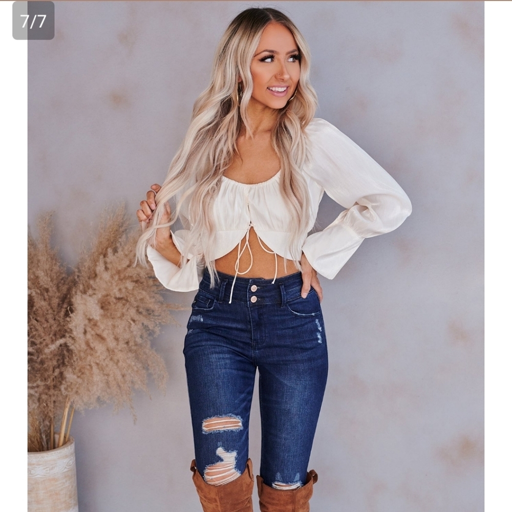 NanaMacs Cream Crop Blouse with Bell Sleeves and Tie Front - Picture 5 of 5